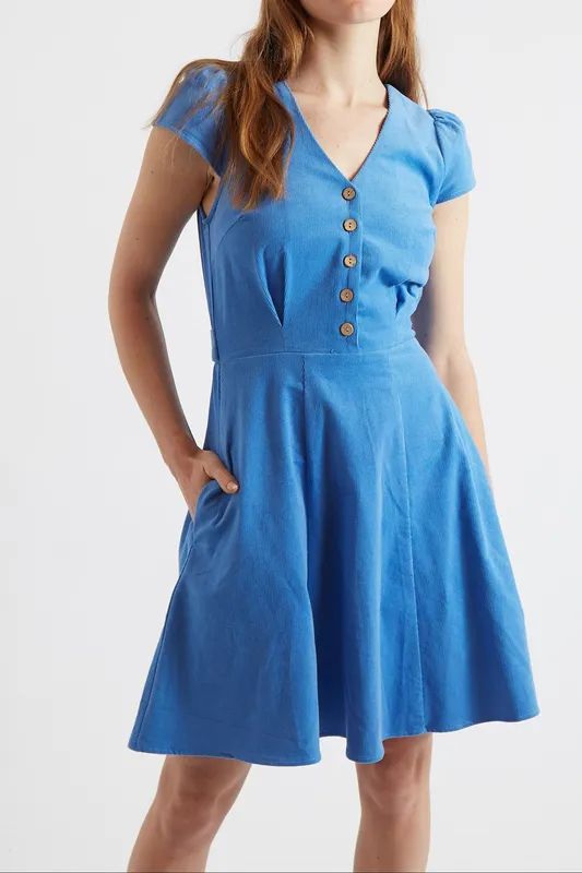 Louche Cathleen Blue Mini Baby Cord Tea Dress Blue