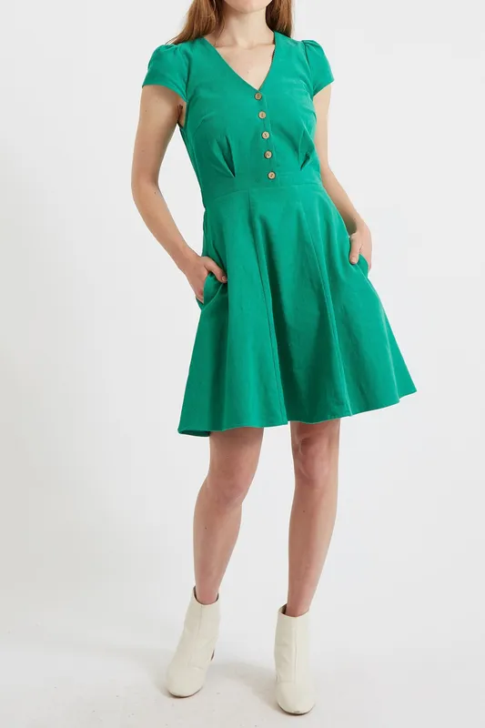 Louche Cathleen Green Mini Baby Cord Tea Dress Green