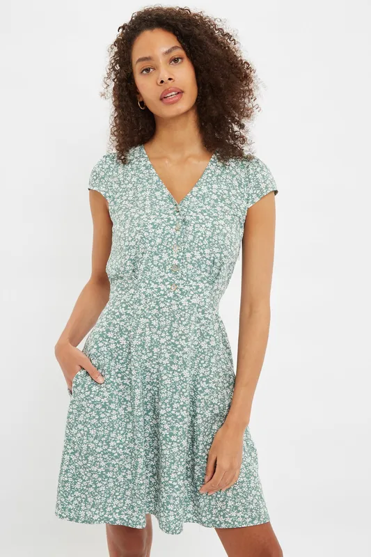 Louche Cathleen Micro Blossom Print Mini Tea Dress In Green Green 18 Unisex
