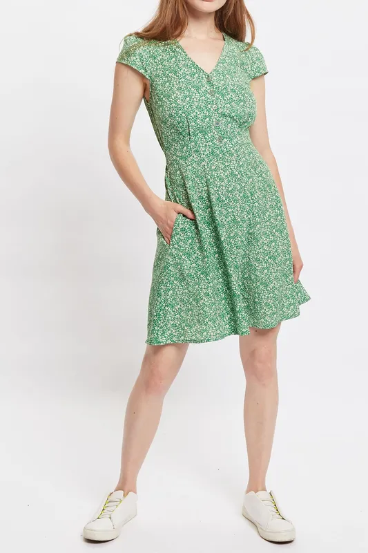 Louche Cathleen Micro Flower Print Mini Tea Dress - Green Green