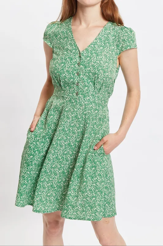 Louche Cathleen Micro Flower Print Mini Tea Dress - Green Green 12