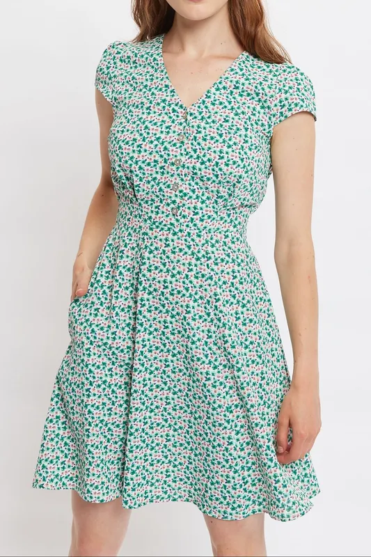 Louche Women's Cathleen Mint Blossom Print Mini Tea Dress in Green Size: 14 Green 14