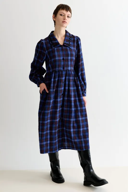 Louche Catlin Winter Check Button Through Midi Dress – Blue Blue