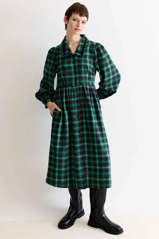 Louche Catlin Winter Check Button Through Midi Dress – Green Green