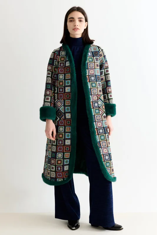 Louche Delphia 70'S Patch Jacquard Fur Trim Coat