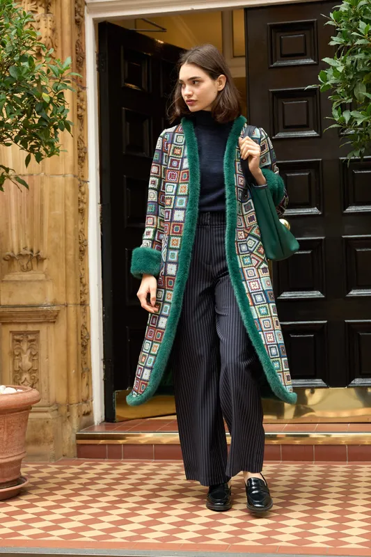 Louche Delphia 70'S Patch Jacquard Fur Trim Coat