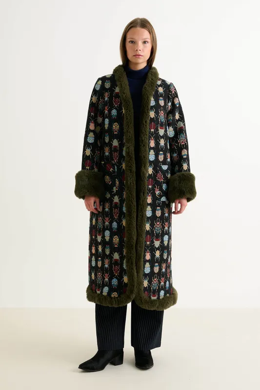 Louche Delphia Beetlejuice Jacquard Fur Trim Coat