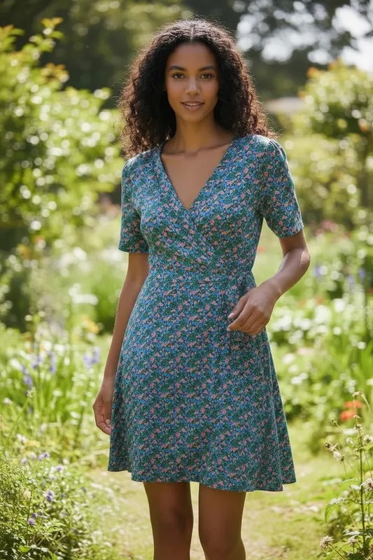 Louche Frankie Wrap Mini Jersey Dress in Spring Bloom Blue/Pink