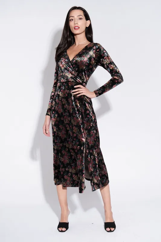 Louche Lesley Rose Bowl Print Velvet Wrap Midi Dress Rose