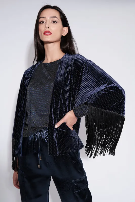Louche Lilo Fringe Trim Velvet Kimono Navy Navy 14