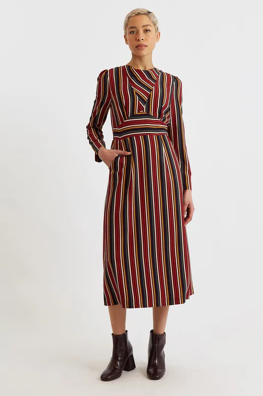 Louche Lua Winter Stripe Long Sleeve Midi Dress Red 8 Female