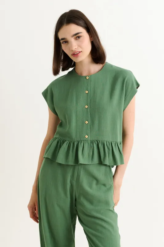 Louche Mira Linen Mix Top - Green