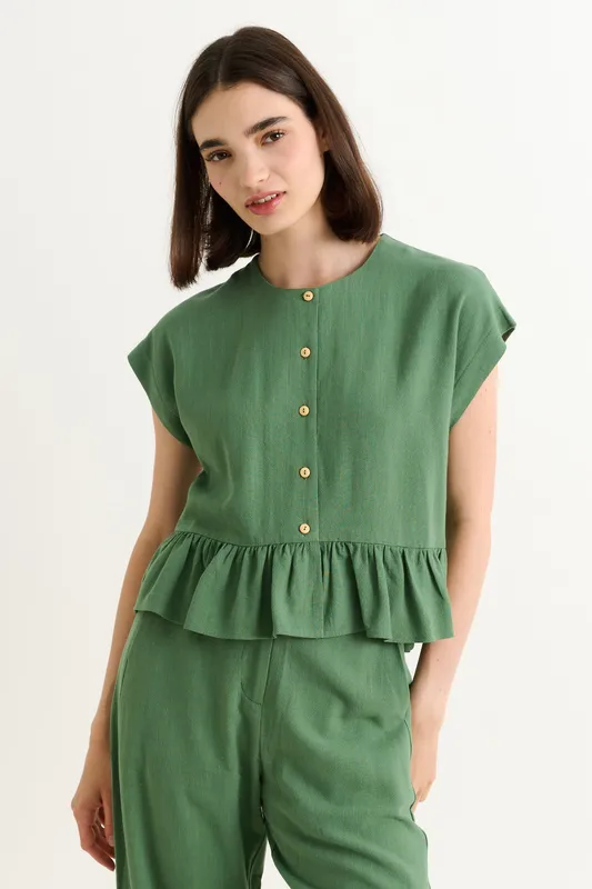 Louche Mira Linen Mix Top - Green 8 Unisex