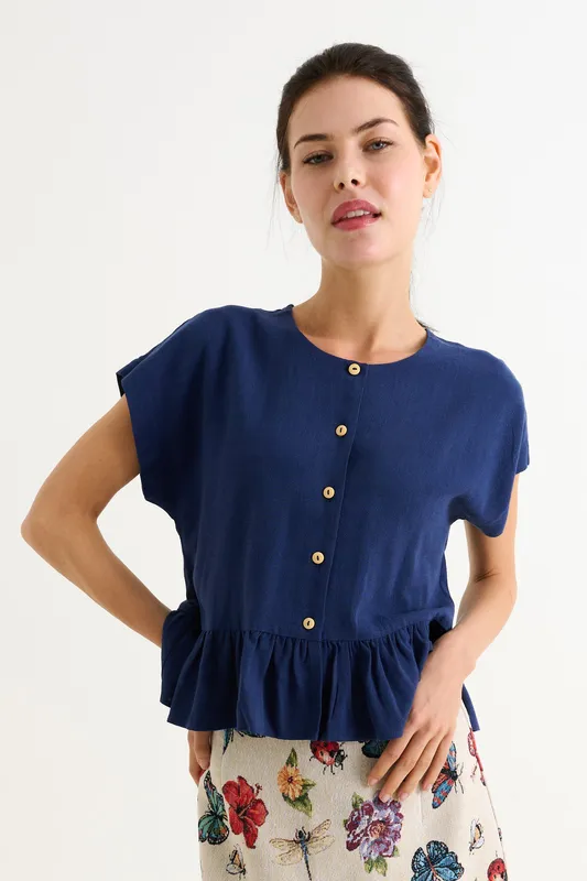 Louche Mira Linen Mix Top - Navy 12 Unisex