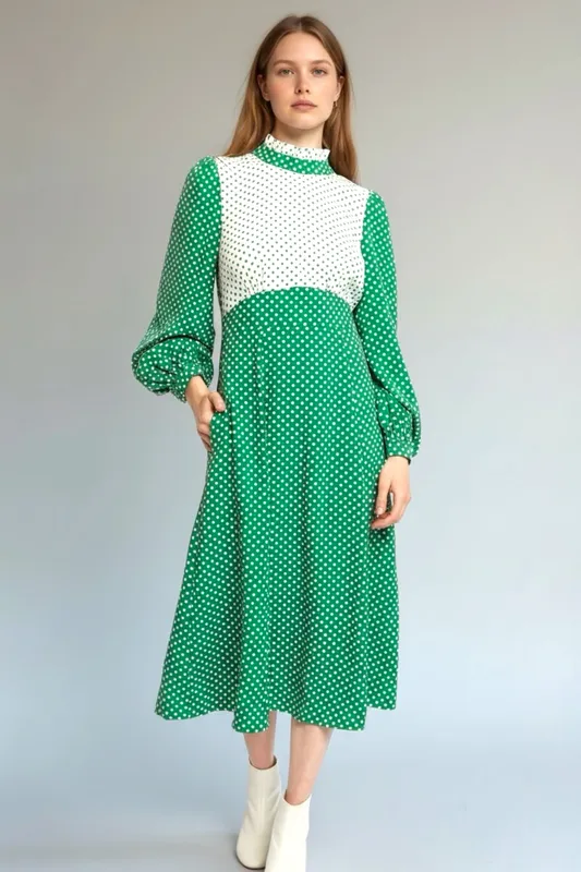 Louche Sorrel Polka Dot Print Long Sleeve Midi Dress Green/White 12 Female