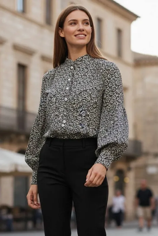 Louche Women's Clancy Candy Bud Print Long Sleeve Blouse in Black Size: 12 Black 12