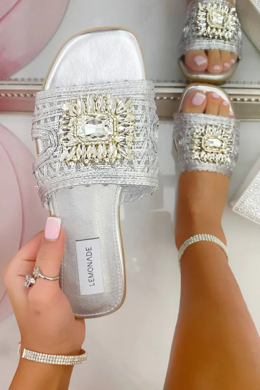Love Lemonade Women's Crystal Bloom Sliders in Silver Size: 3 - Silver - Size: 3