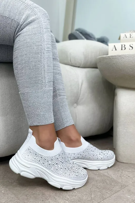 Love Lemonade Women's Crystal Ultra Comfort Sporty Sock Stretch Trainers in White Size: 3 White female