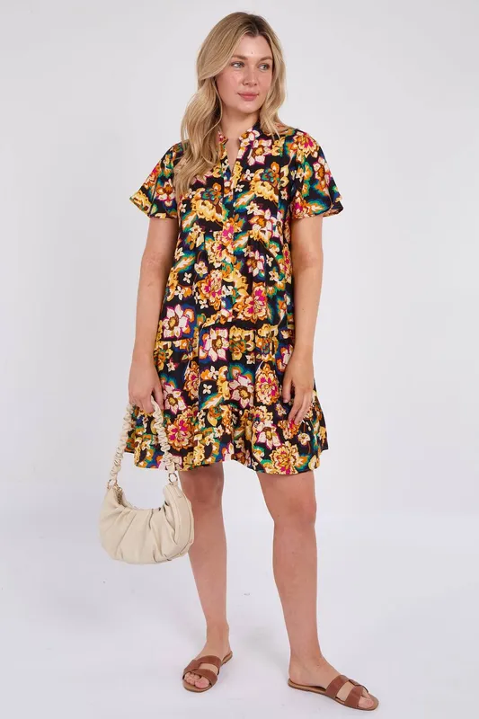 Love Sunshine Women's Black Bloom Print Ruffle Hem Mini Shirt Dress Size: 12 - Black - Size: 12