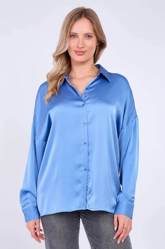 Love Sunshine Women's Blue Brushed Satin Oversized Shirt Size: Large - Blue