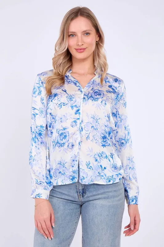Love Sunshine Women's Blue Floral Print Satin Blouse Size: 14 - Blue