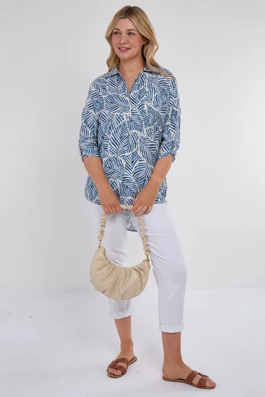 Love Sunshine Women's Blue Leaf Print Oversized Shirt Size: 12 - Blue