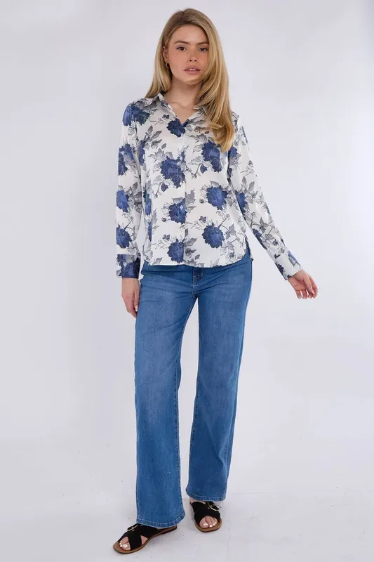 Love Sunshine Women's Floral Print White Satin Shirt Size: XL White