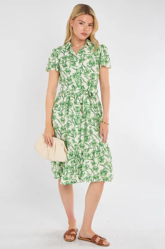 Love Sunshine Women's Fresh Green Floral Print Midi Shirt Dress Size: 12 - Green