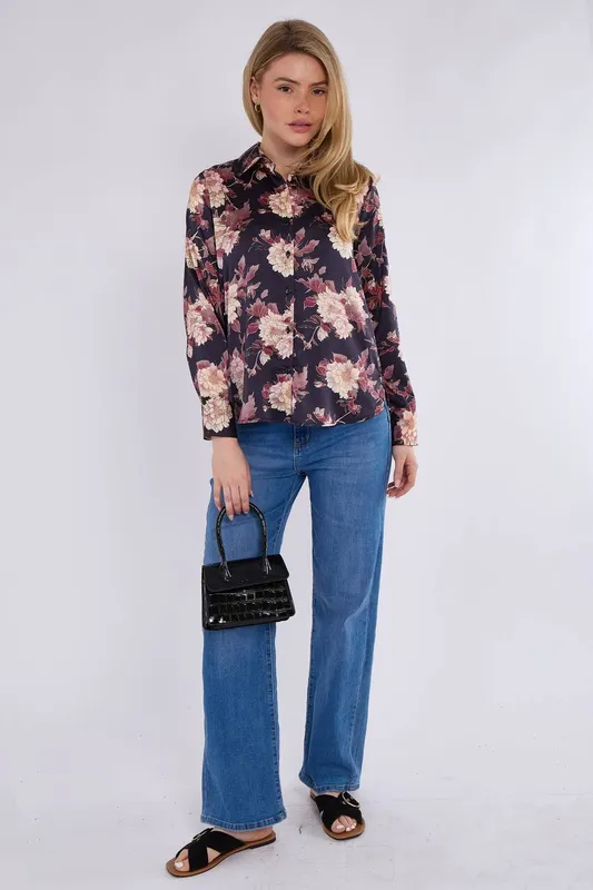 Love Sunshine Women's Navy Floral Print Satin Shirt Size: Small - Navy