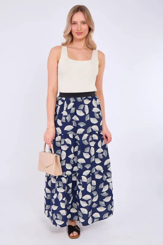 Love Sunshine Women's Navy Ginkgo Print Tiered Maxi Skirt Size: 12 - Navy - Size: 12