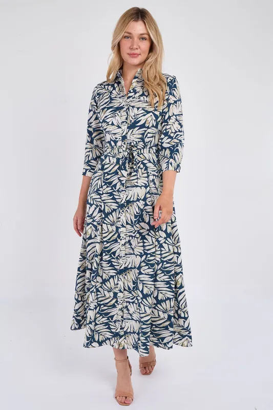 Love Sunshine Women's Navy Leaf Print Maxi Shirt Dress Size: 10 - Navy