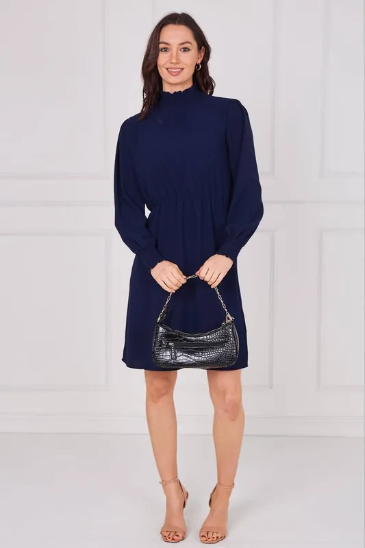 Love Sunshine Women's Navy Shirred Neck Long Sleeve Dress Size: XL Navy XL