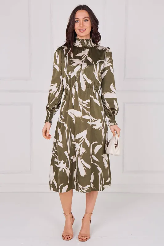 Love Sunshine Women's Olive Whisper Floral Shirred Neck Midaxi Dress in Green Size: XL Green XL