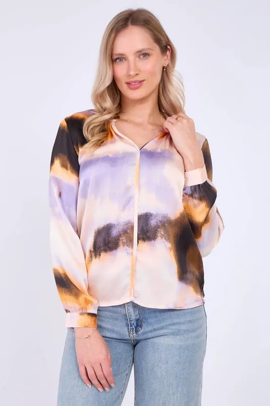Love Sunshine Women's Purple & Brown Tie Dye Print Satin Blouse Size: 8 - Brown