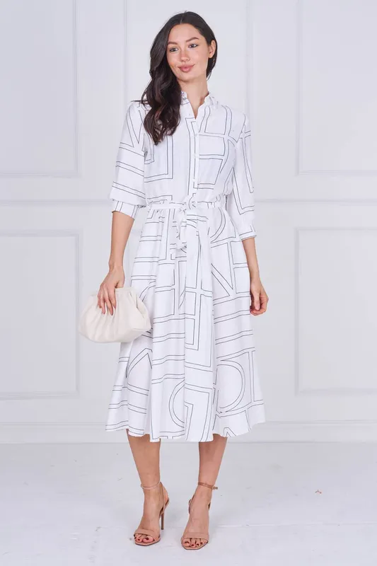 Love Sunshine Women's White Contemporary Line Print Shirt Dress Size: 12 White 12