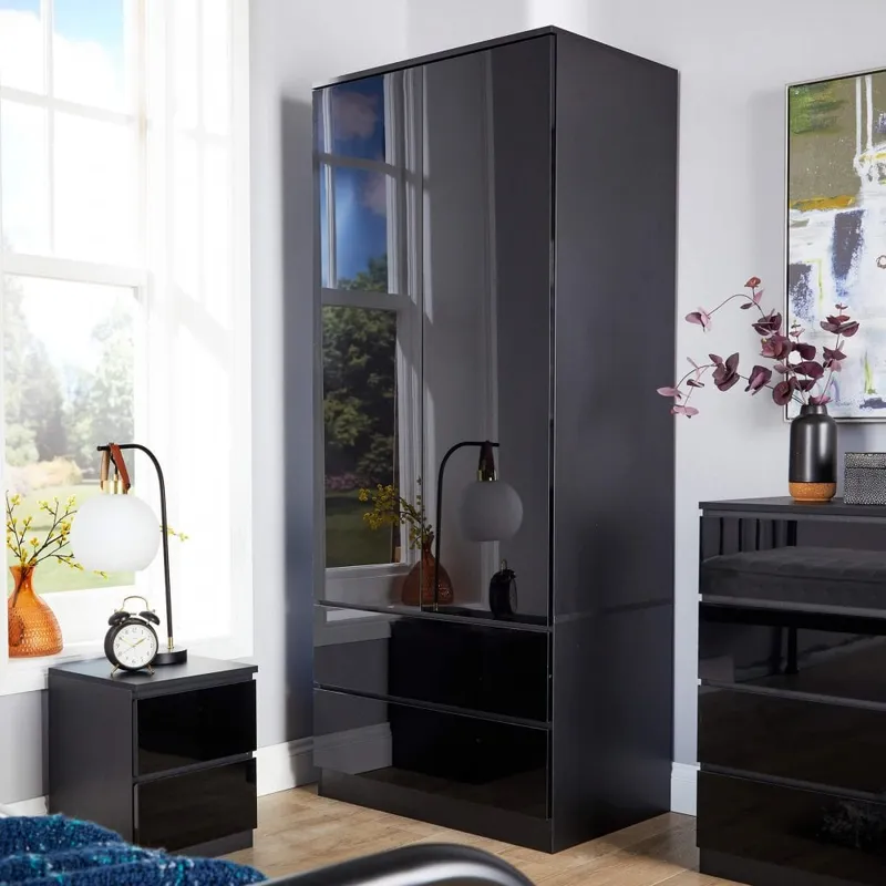 Lugano High Gloss 2 Door & 2 Drawer Wardrobe - Black