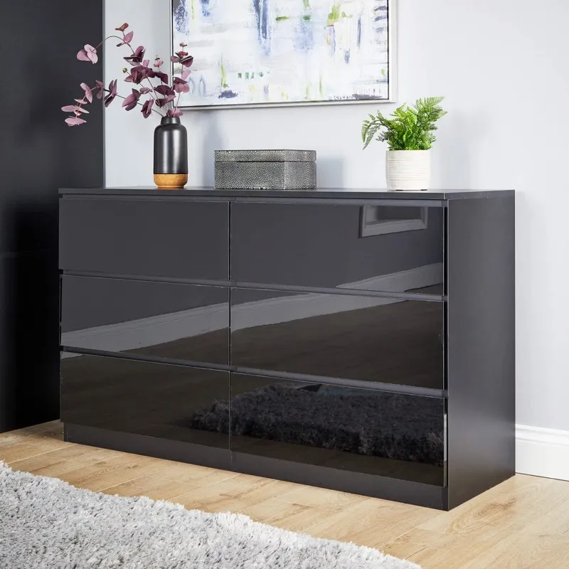 Lugano High Gloss Chest of 6 Drawers - Black