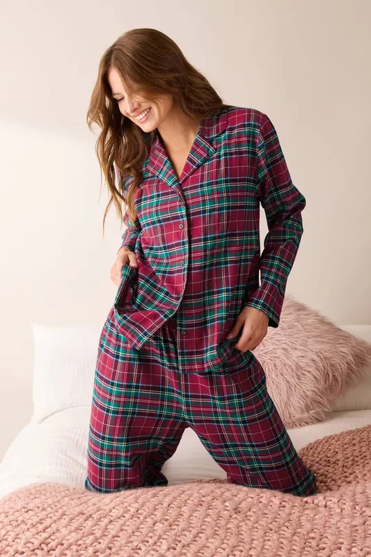 M&Co Women's Cotton Check Pyjama Set in Red Size: 14-16 - Red