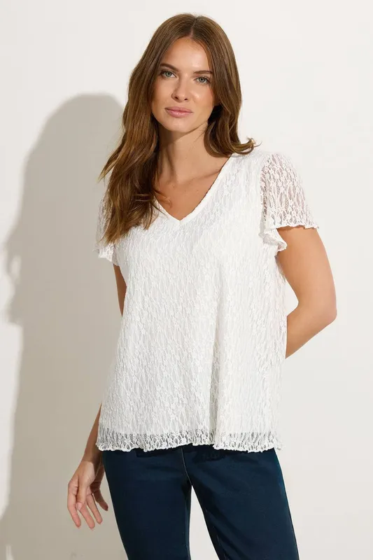 M&Co Women's Floral Lace V-Neck Top in White Size: 10 White