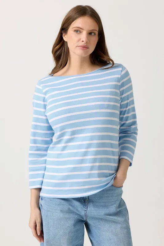 M&Co Women's Stripe Slash Neck Cotton Top in Light Blue Size: 16 Light Blue 16