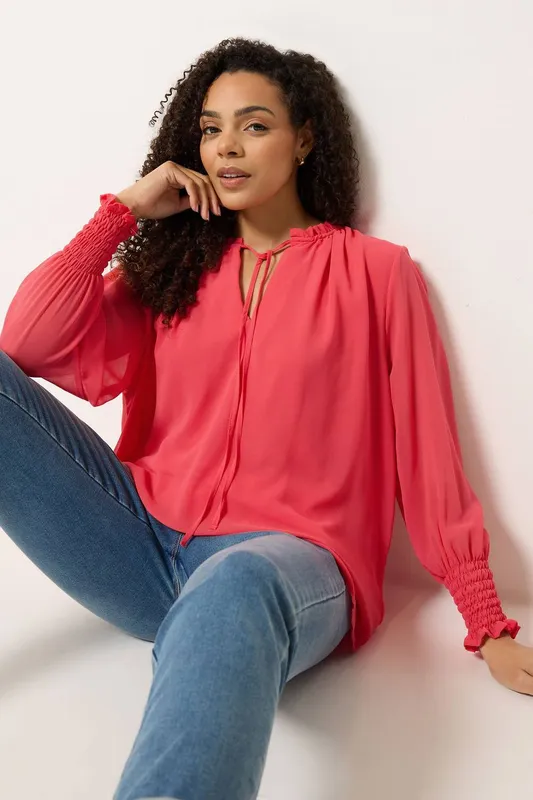 M&Co Women's Tie Neck Blouse in Coral Size: 10 - Coral
