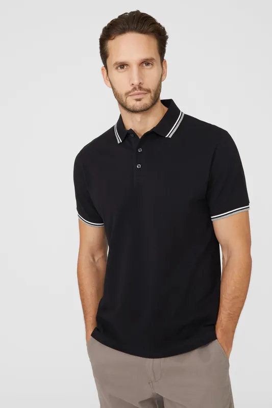 Maine Mens Pique Tipped Polo - Black Cotton - Size Small
