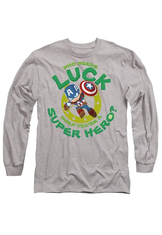 Marvel Captain America St Patrick's Day Lucky Super Hero Long Sleeve T-Shirt, Athletic Heather in Light Grey Size: 2XL Light Grey 2XL