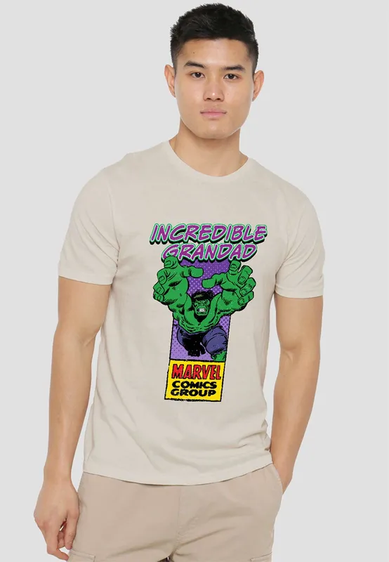 Marvel Comics Presents Corner Box Incredible Hulk Grandad T-Shirt, Natural in Beige Size: Large Beige L