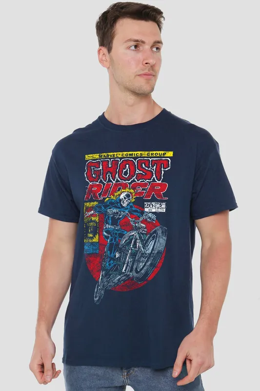 Marvel Unisex Ghost Rider T-Shirt in Navy Size: 5XL - Navy