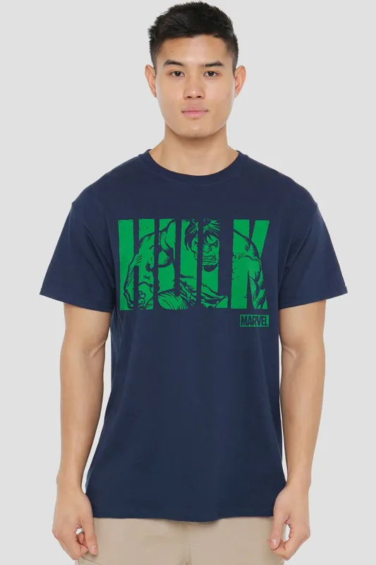 Marvel Hulk Text T-Shirt in Navy Size: 3XL Navy 3XL