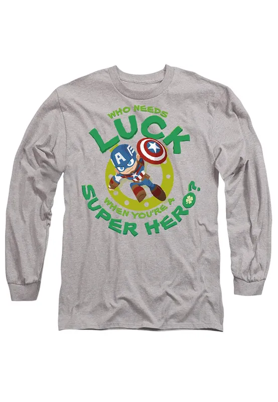 Marvel Unisex Captain America St Patrick's Day Lucky Super Hero Long Sleeve T-Shirt, Athletic Heather in Light Grey Size: XL - Light Grey - Size: XL