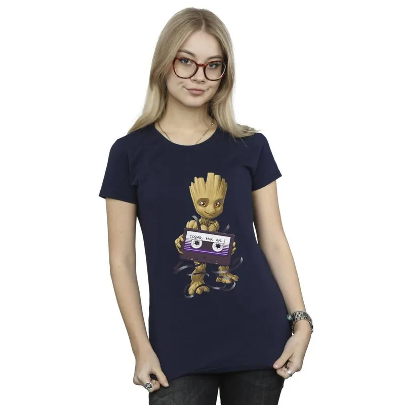 Marvel Women's Guardians Of The Galaxy Groot Cosmic Tape Cotton T-Shirt in Navy Size: XL - Navy
