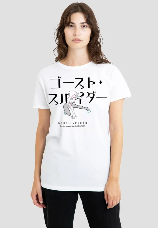 Marvel Women's Spiderman Ghost Spider Japanese Logo T-Shirt, White Size: XL White
