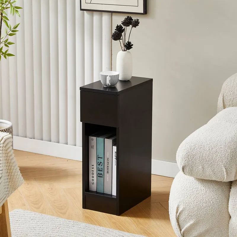 Mcc Direct Solid Wooden Bedside Table with Open Shelf & Drawer Black Ava by Mcc Black